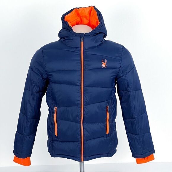 Spyder Frontier Hooded Puffer Jacket, Youth XL Blue/Orange - Picture 1 of 11